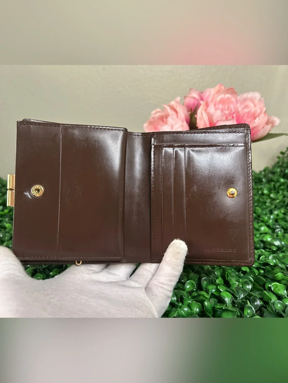 Burberry Vintage Nova Check Kiss Lock Compact Wallet Brown Leather